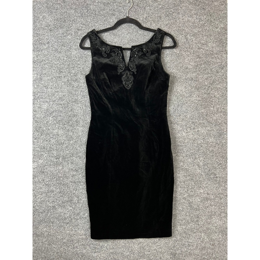 Laura Ashley‎ Dress 0/2 Vintage Black Velvet Beaded Embroidered Sheath Cocktail